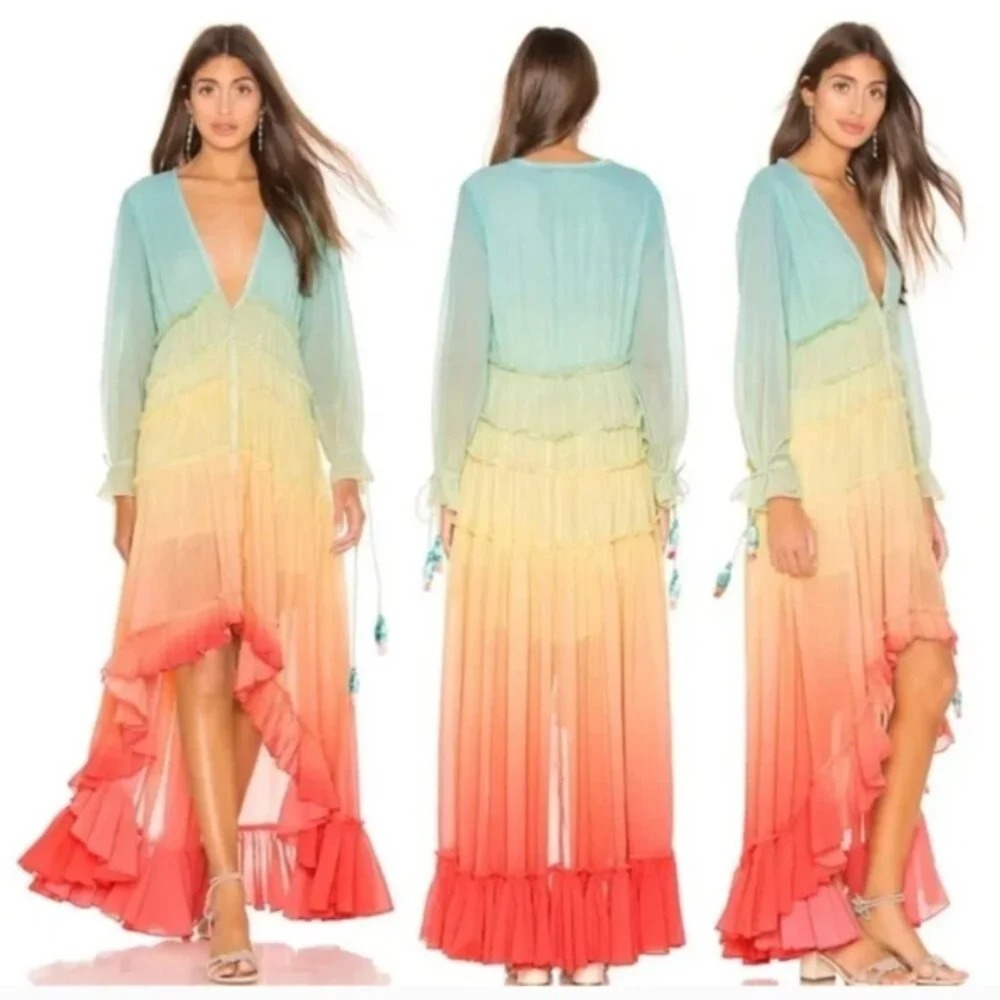 Linjia Shop Ombre Ruffled Tiered Tassel Sleeve Boho Maxi Dress Rainbow Women S